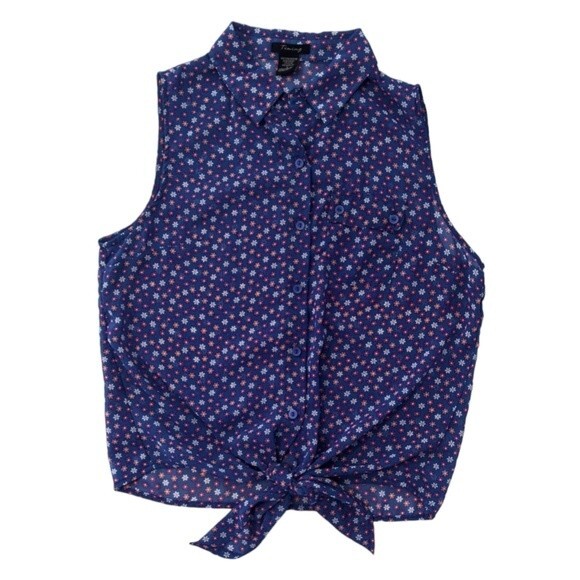 Timing Sheer Shirt Juniors L Large Button Down Sleeveless Blue Retro Floral Top - Picture 1 of 10